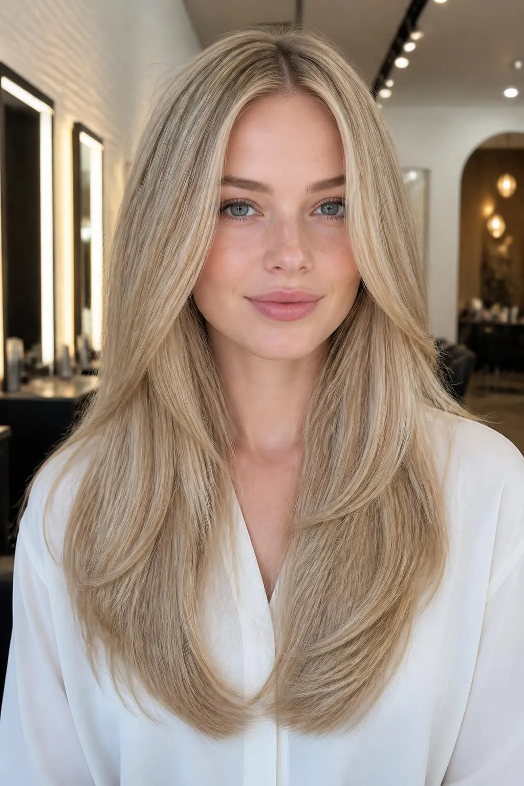 Woman with long healthy shiny ash-blonde hair after a salon visit