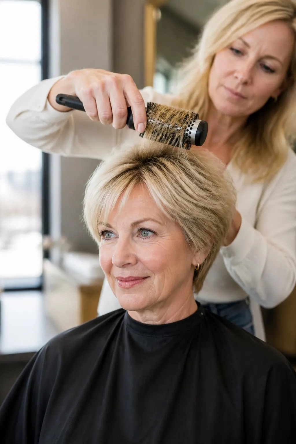 Stylist blow-drying short blonde hair with a round brush