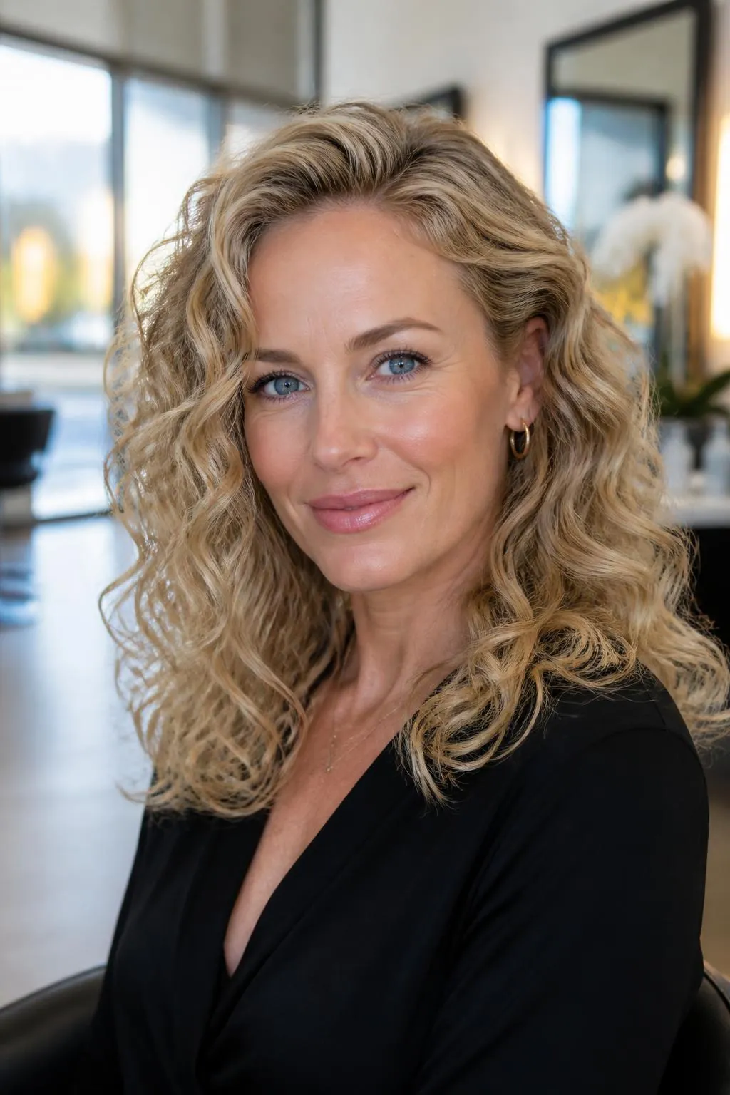 Blonde woman with voluminous natural curls styled in Arlington