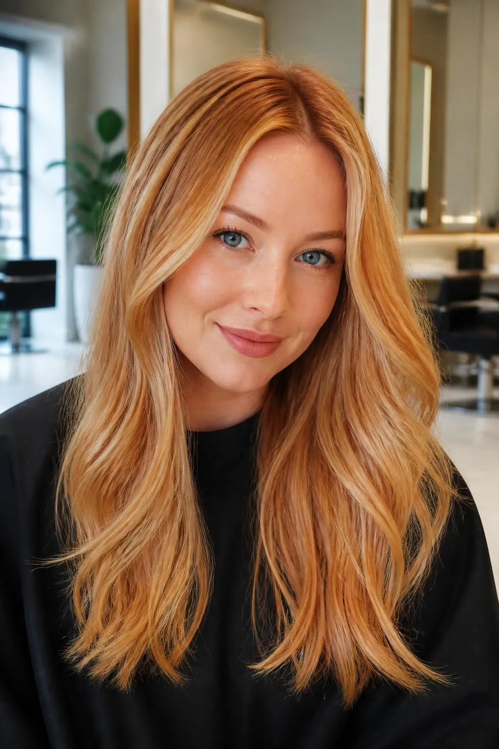 Long dimensional strawberry-blonde hair color by an Arlington hair color specialist