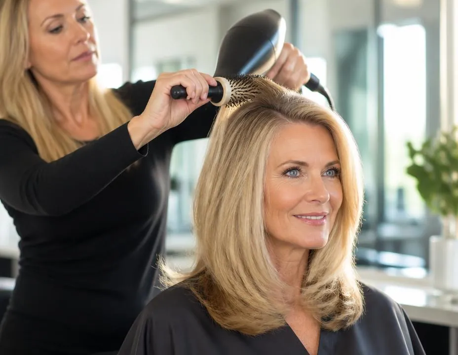 Voluminous blowout styling with a round brush at Muse Boutique Salon in Arlington