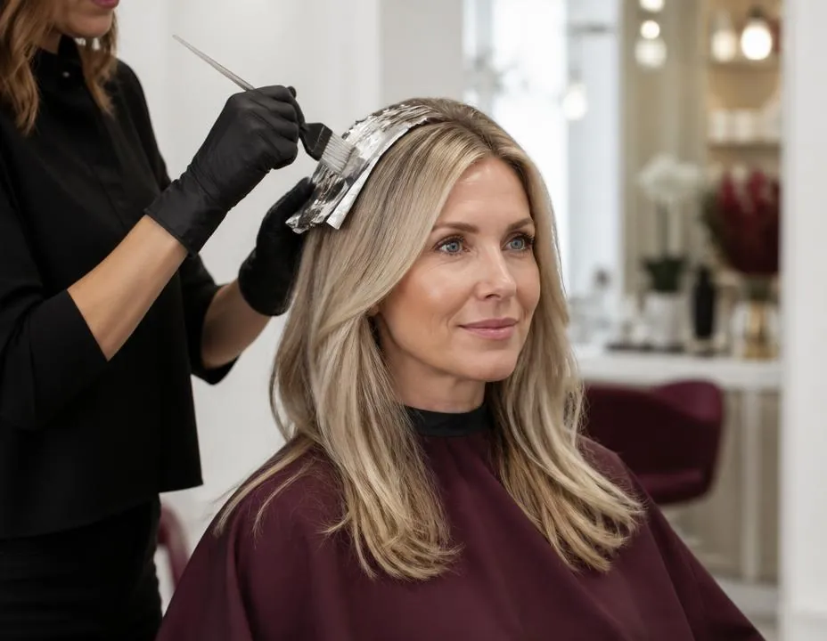 Hair color specialist in Arlington applying dimensional blonde color to a client