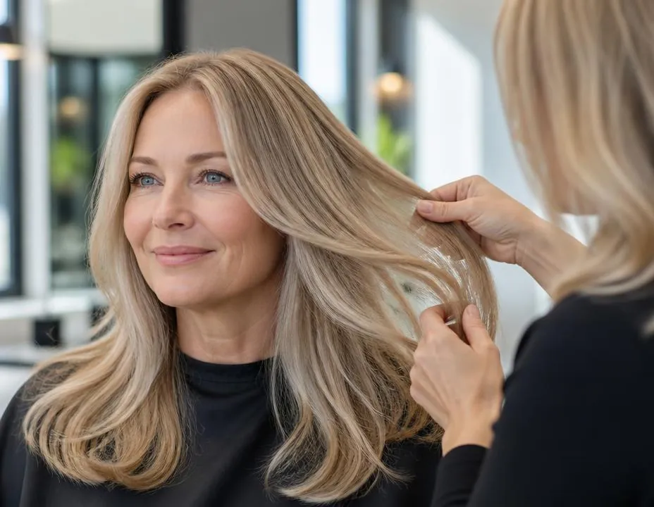 Colorist in Arlington, VA checking a strand of corrected glossy blonde hair
