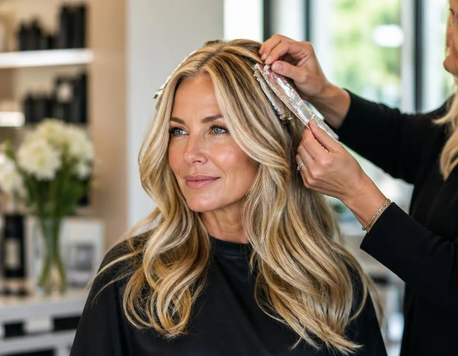 Foil highlights being applied to blonde hair at a hair salon in Arlington, VA