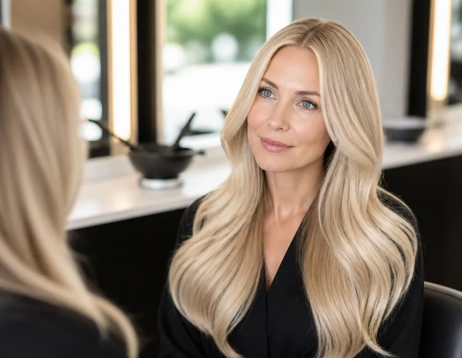 Blonde client with glossy hair during a salon hair treatment consultation in Arlington